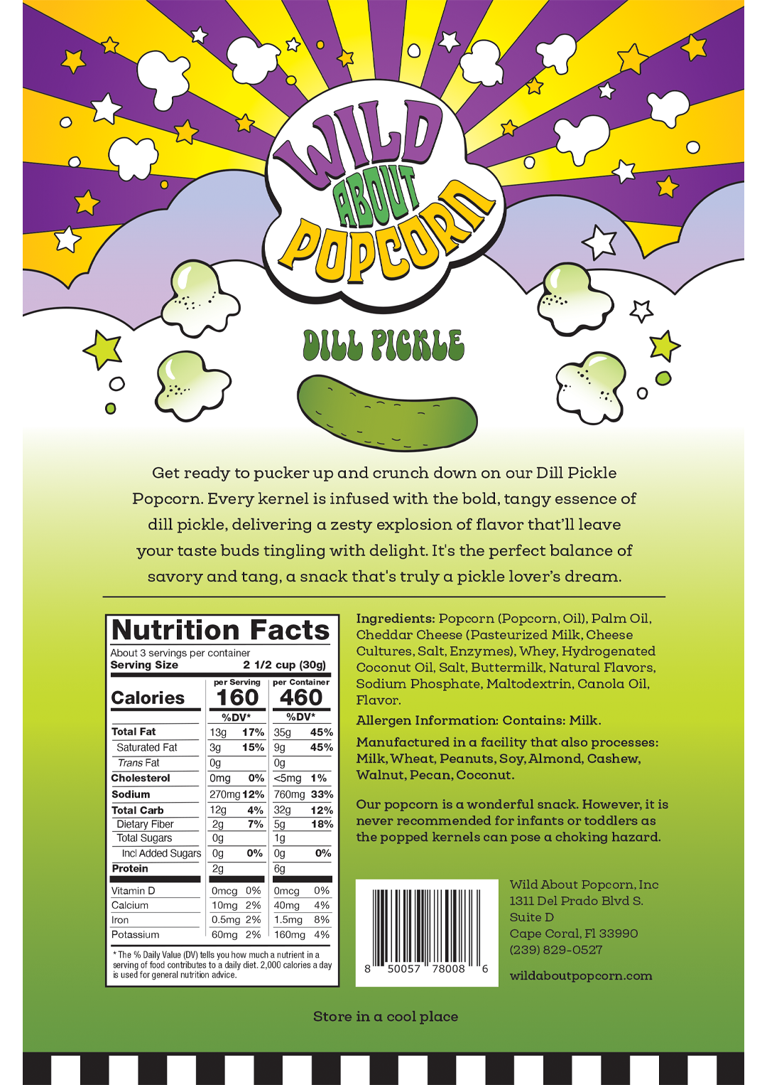 Wild About Popcorn Dill Pickle Flavor Popcorn Bag Back