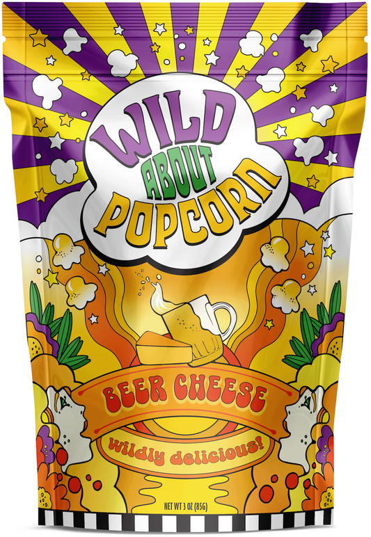 Wild About Popcorn Beer Cheese Flavor Gourmet Popcorn Bag Front Net Weight 3 ounces