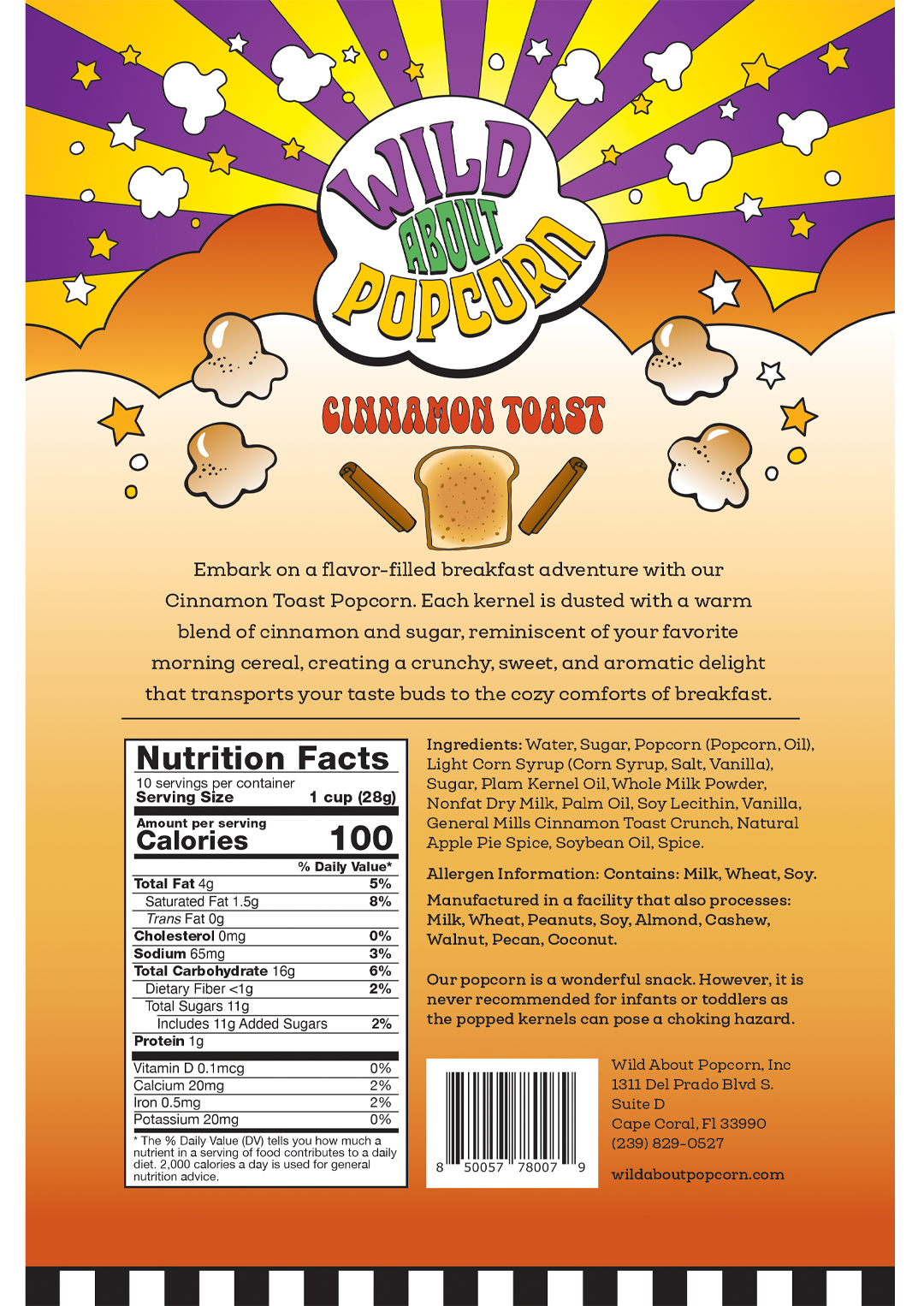 Wild About Popcorn Cinnamon Toast Flavor Popcorn Bag Back