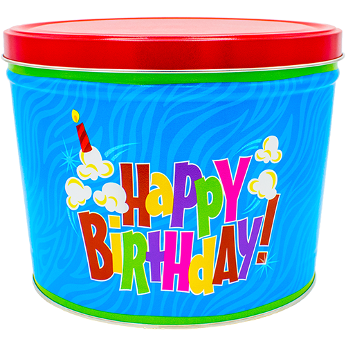 Gourmet Flavored Popcorn Tin 2 Gallon Happy Birthday