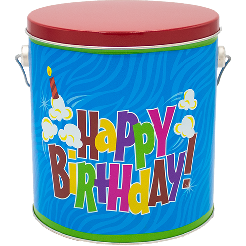 Gourmet Flavored Popcorn Tin 1 Gallon Happy Birthday