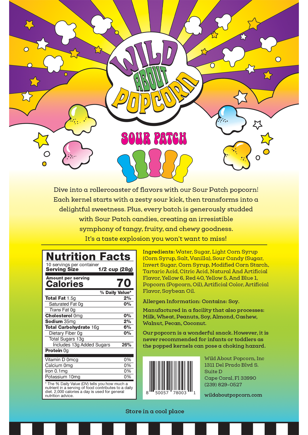 Wild About Popcorn Sour Patch Flavor Popcorn Bag Back