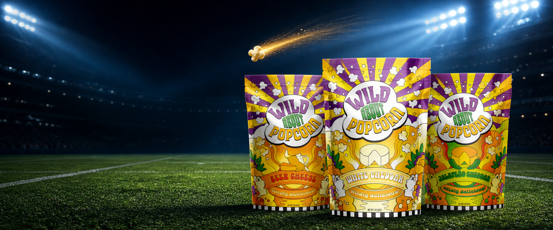 Beer Cheese, White Cheddar and Jalapeño Cheddar Wild About Popcorn bags on a football field at night.
